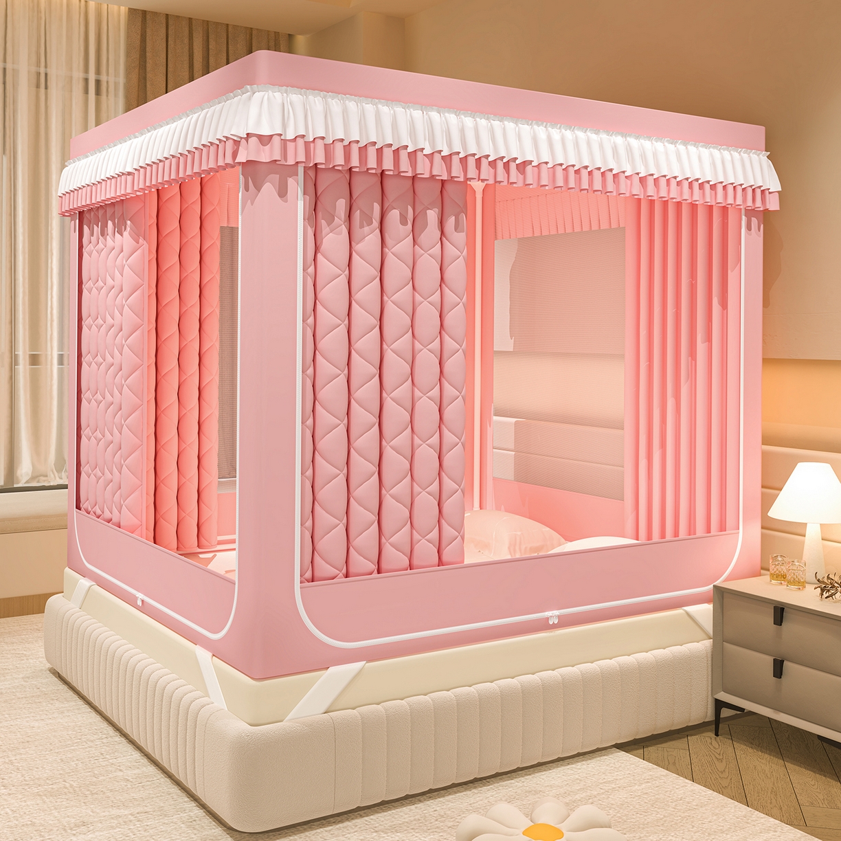 91家纺网 家纺一手货源 找家纺 浪幔纱蚊帐 2025新款纯色夹棉蚊帐 粉色