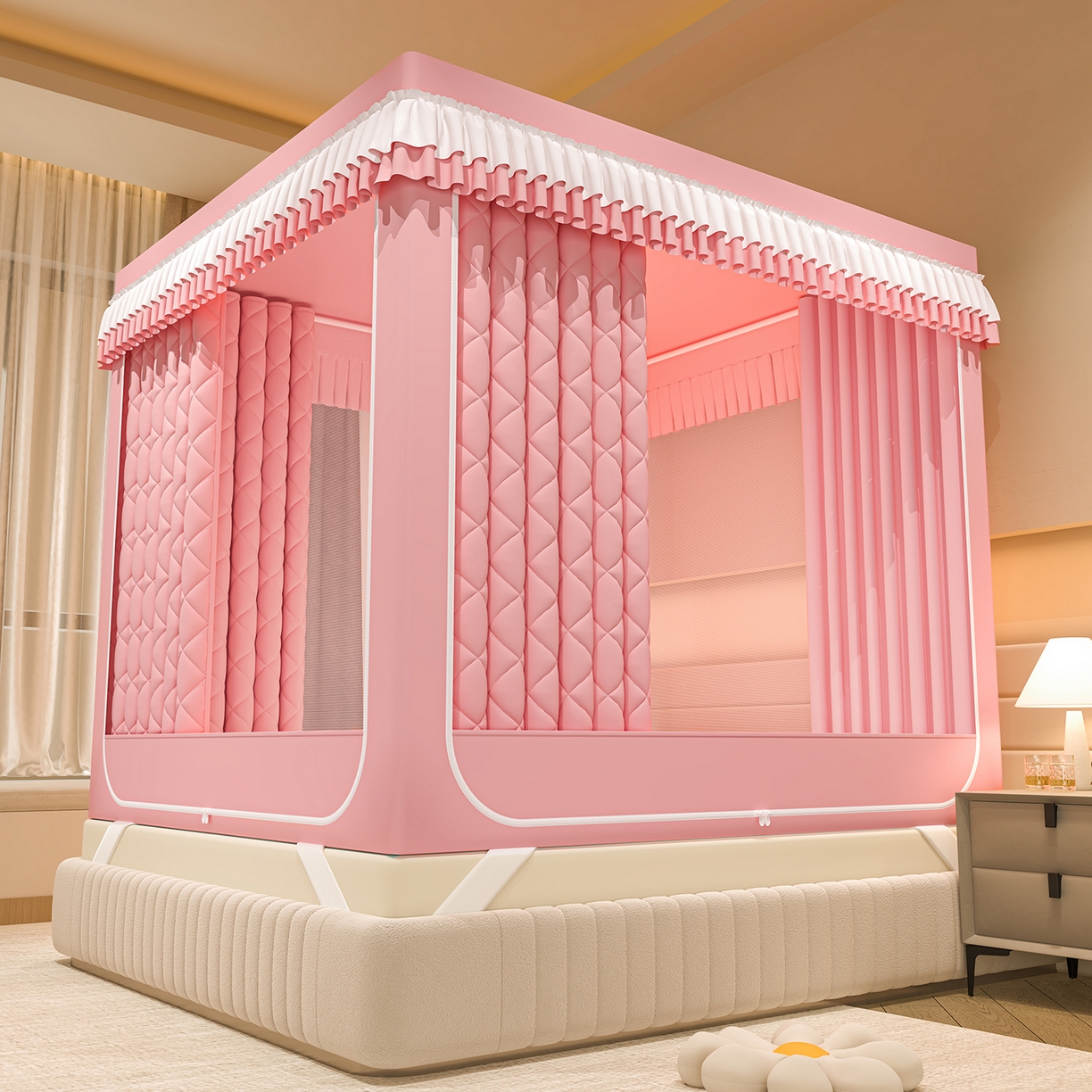 91家纺网 家纺一手货源 找家纺 浪幔纱蚊帐 2025新款纯色夹棉蚊帐 粉色