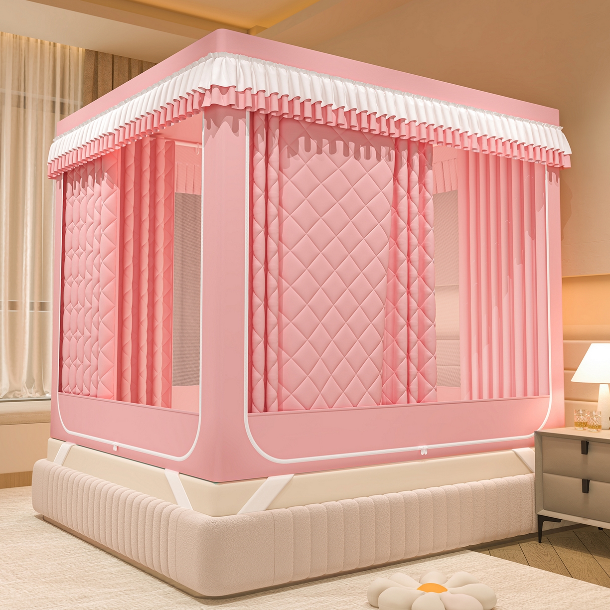 91家纺网 家纺一手货源 找家纺 浪幔纱蚊帐 2025新款纯色夹棉蚊帐 粉色