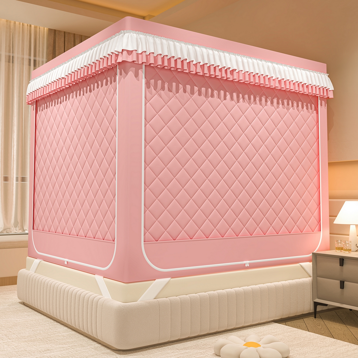 91家纺网 家纺一手货源 找家纺 浪幔纱蚊帐 2025新款纯色夹棉蚊帐 粉色