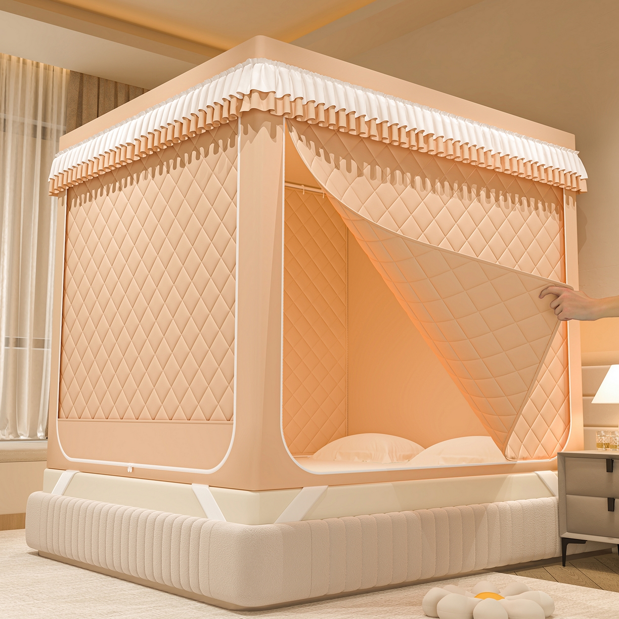 浪幔纱蚊帐 2025新款纯色夹棉蚊帐 咖色