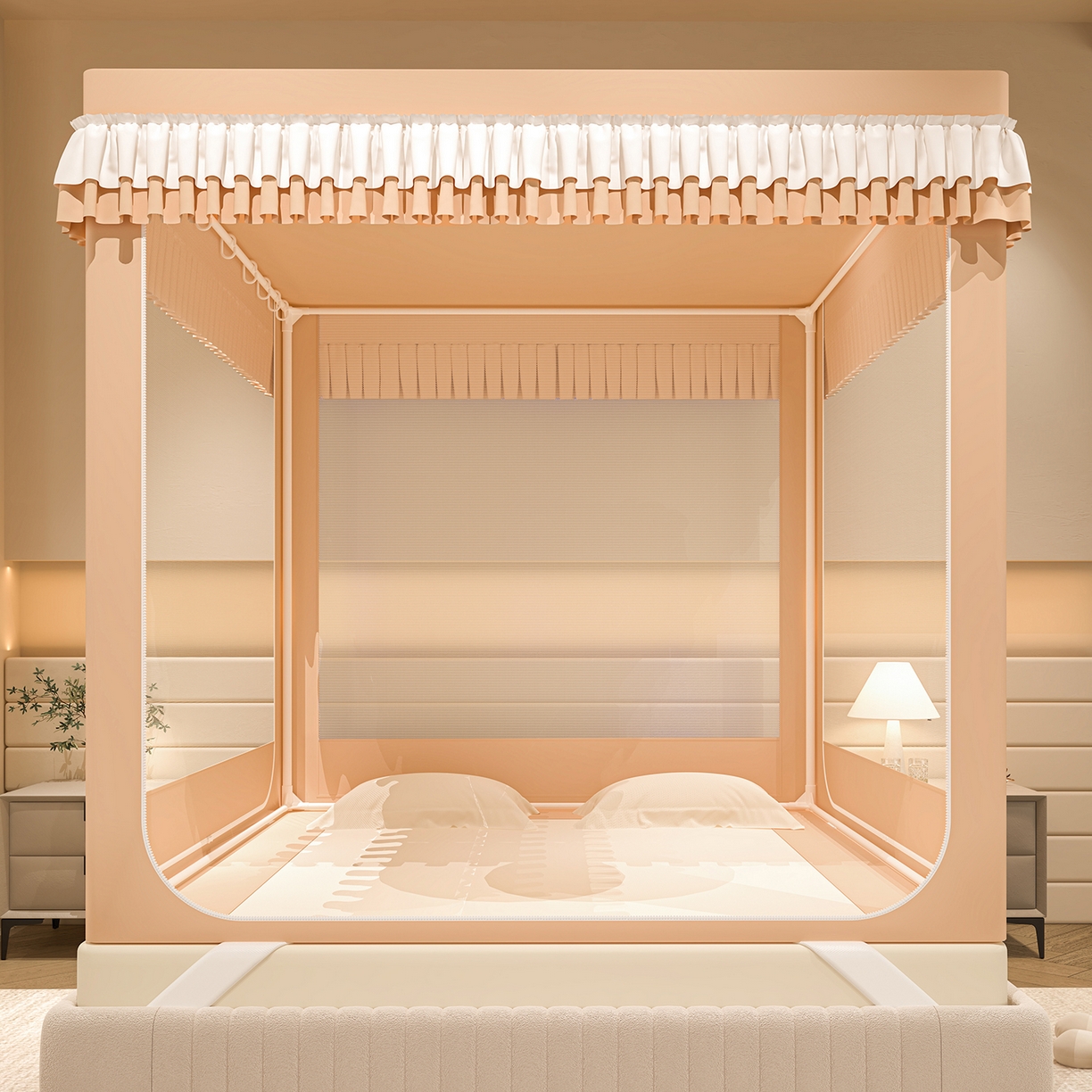 91家纺网 家纺一手货源 找家纺 浪幔纱蚊帐 2025新款纯色夹棉蚊帐 咖色