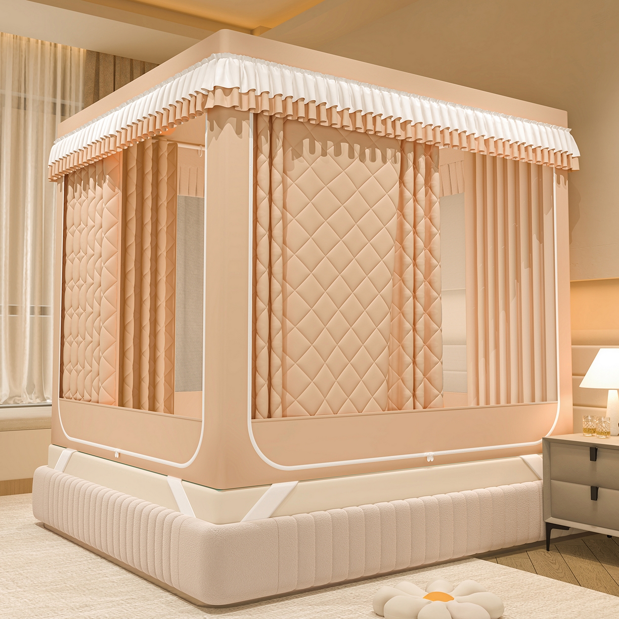 91家纺网 家纺一手货源 找家纺 浪幔纱蚊帐 2025新款纯色夹棉蚊帐 咖色