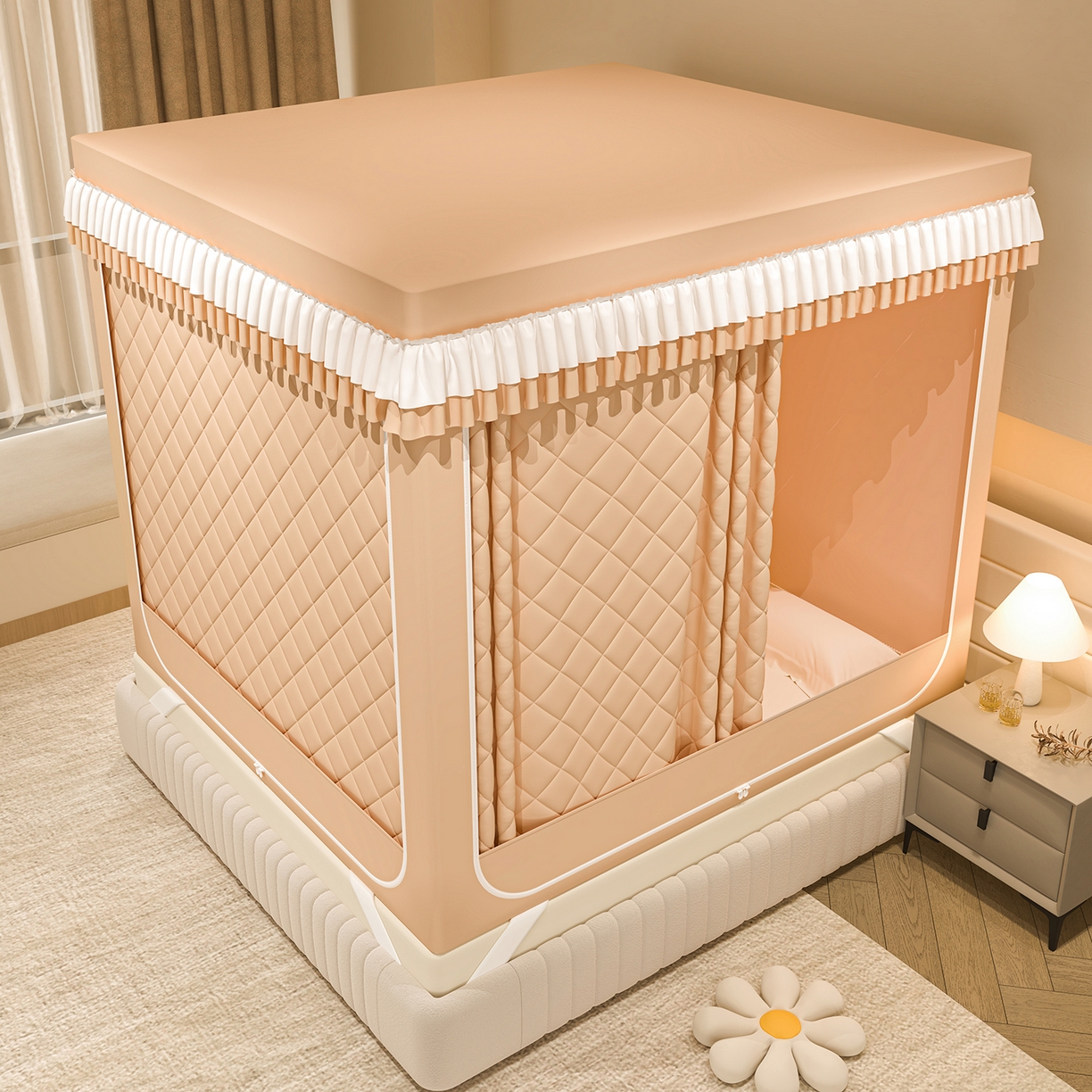 91家纺网 家纺一手货源 找家纺 浪幔纱蚊帐 2025新款纯色夹棉蚊帐 咖色