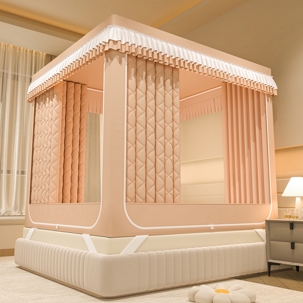 91家纺网 家纺一手货源 找家纺 浪幔纱蚊帐 2025新款纯色夹棉蚊帐 咖色