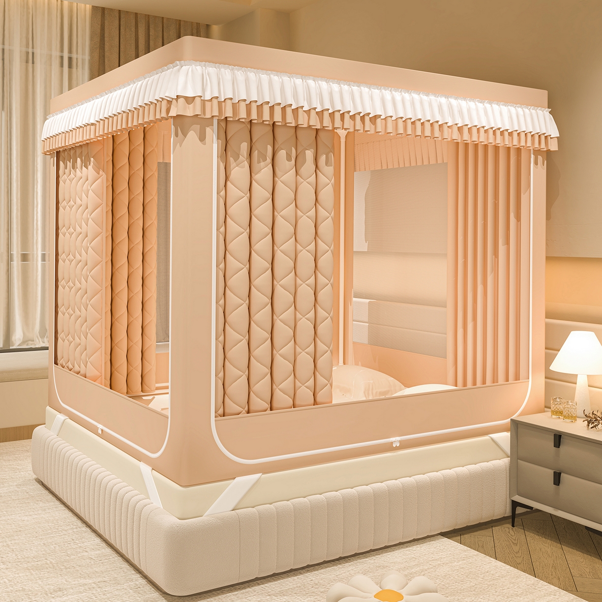 91家纺网 家纺一手货源 找家纺 浪幔纱蚊帐 2025新款纯色夹棉蚊帐 咖色