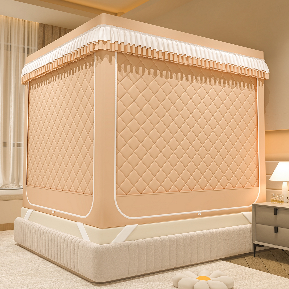 91家纺网 家纺一手货源 找家纺 浪幔纱蚊帐 2025新款纯色夹棉蚊帐 咖色