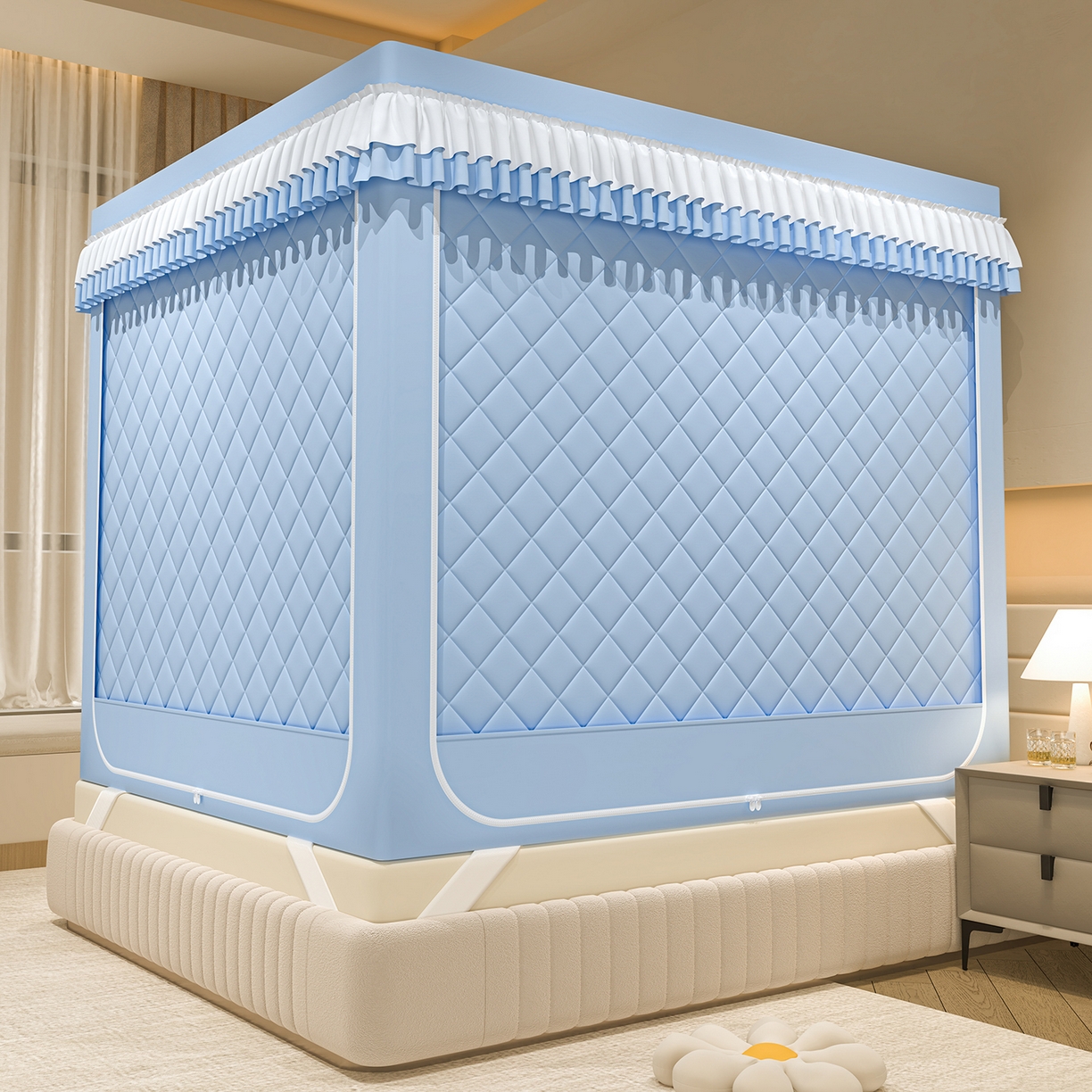 91家纺网 家纺一手货源 找家纺 浪幔纱蚊帐 2025新款纯色夹棉蚊帐 蓝色