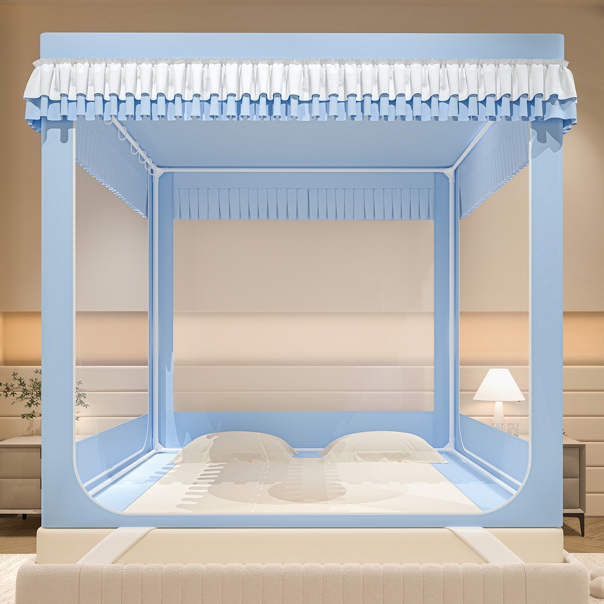 91家纺网 家纺一手货源 找家纺 浪幔纱蚊帐 2025新款纯色夹棉蚊帐 蓝色