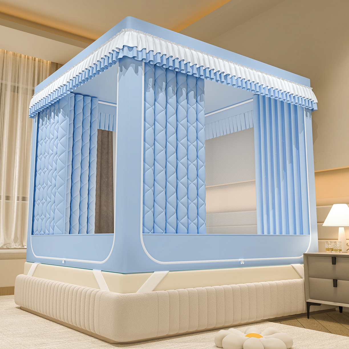 91家纺网 家纺一手货源 找家纺 浪幔纱蚊帐 2025新款纯色夹棉蚊帐 蓝色