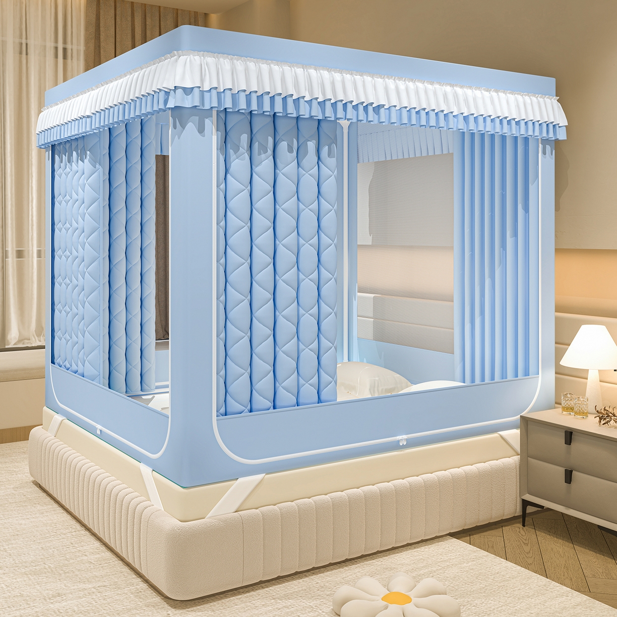 91家纺网 家纺一手货源 找家纺 浪幔纱蚊帐 2025新款纯色夹棉蚊帐 蓝色