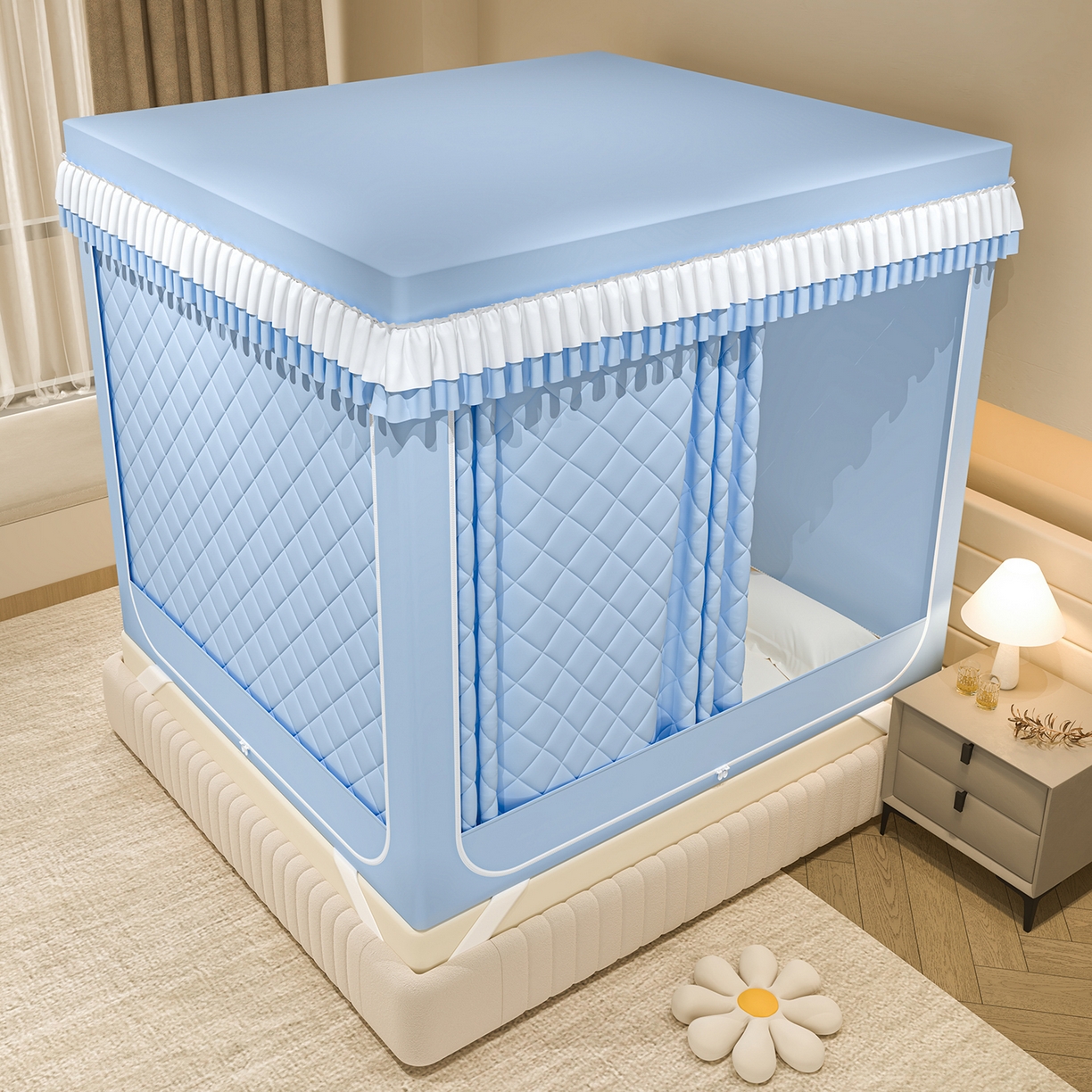 91家纺网 家纺一手货源 找家纺 浪幔纱蚊帐 2025新款纯色夹棉蚊帐 蓝色