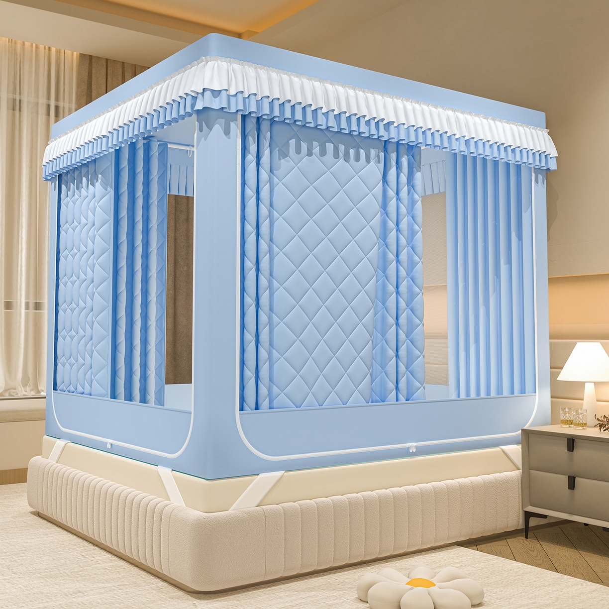 91家纺网 家纺一手货源 找家纺 浪幔纱蚊帐 2025新款纯色夹棉蚊帐 蓝色