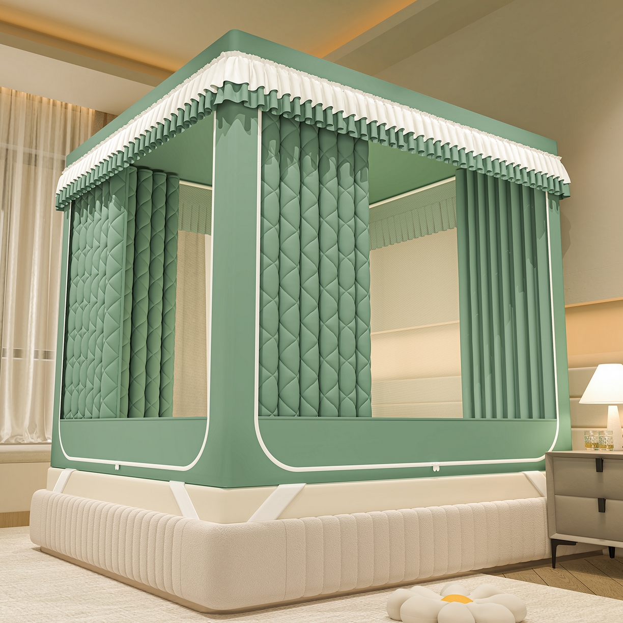 91家纺网 家纺一手货源 找家纺 浪幔纱蚊帐 2025新款纯色夹棉蚊帐 绿色