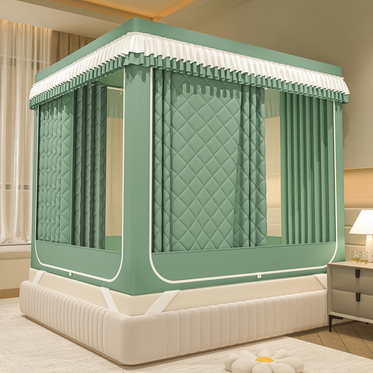 91家纺网 家纺一手货源 找家纺 浪幔纱蚊帐 2025新款纯色夹棉蚊帐 绿色