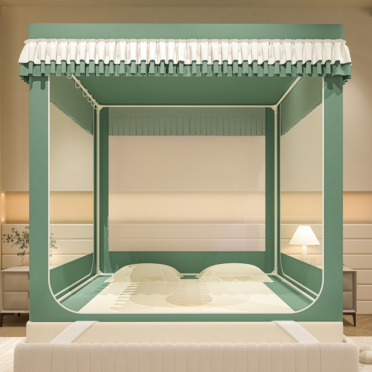 91家纺网 家纺一手货源 找家纺 浪幔纱蚊帐 2025新款纯色夹棉蚊帐 绿色