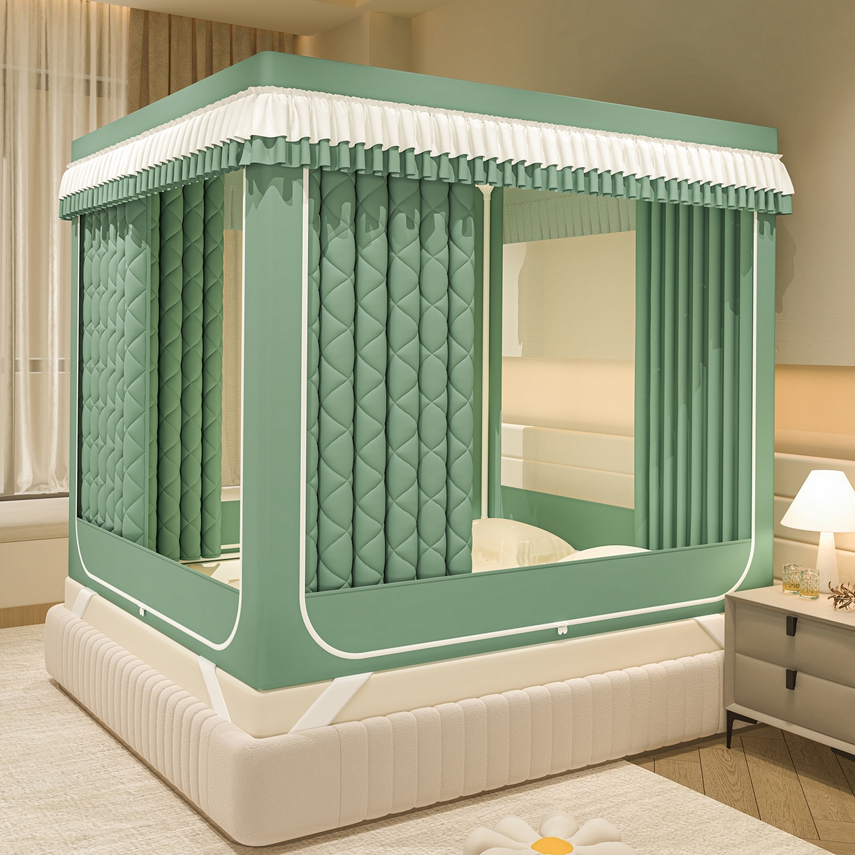 91家纺网 家纺一手货源 找家纺 浪幔纱蚊帐 2025新款纯色夹棉蚊帐 绿色