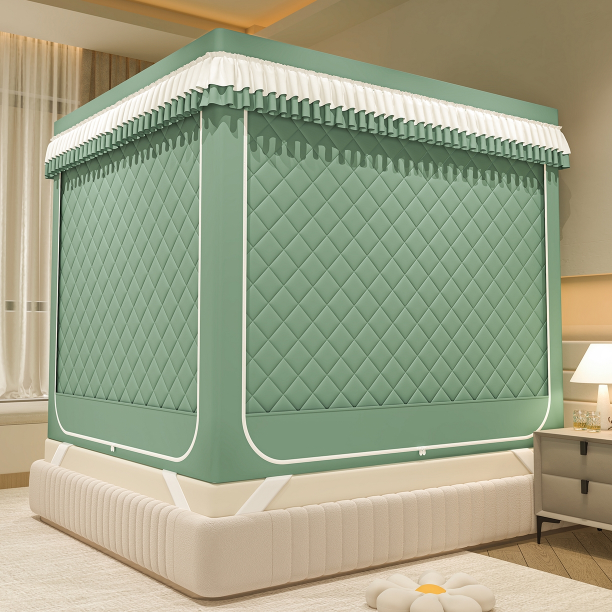 91家纺网 家纺一手货源 找家纺 浪幔纱蚊帐 2025新款纯色夹棉蚊帐 绿色