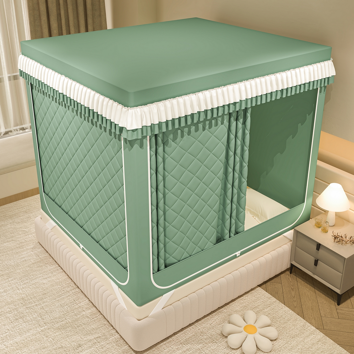 91家纺网 家纺一手货源 找家纺 浪幔纱蚊帐 2025新款纯色夹棉蚊帐 绿色