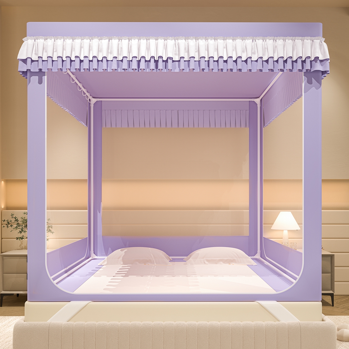 91家纺网 家纺一手货源 找家纺 浪幔纱蚊帐 2025新款纯色夹棉蚊帐 紫色