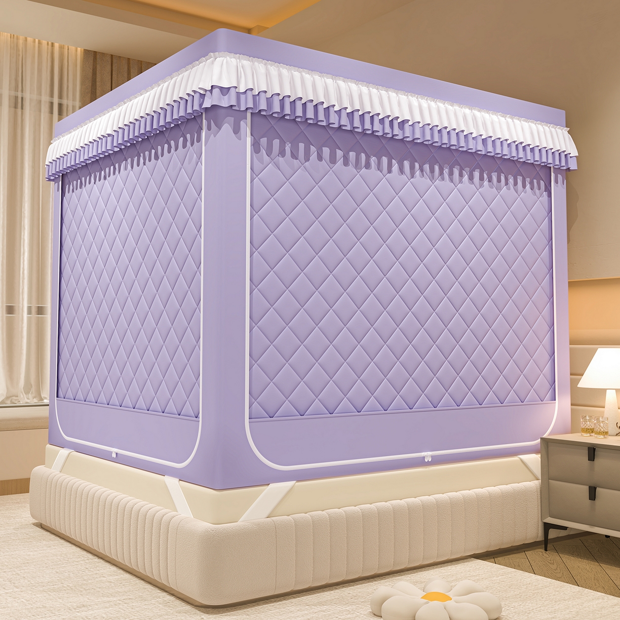 91家纺网 家纺一手货源 找家纺 浪幔纱蚊帐 2025新款纯色夹棉蚊帐 紫色