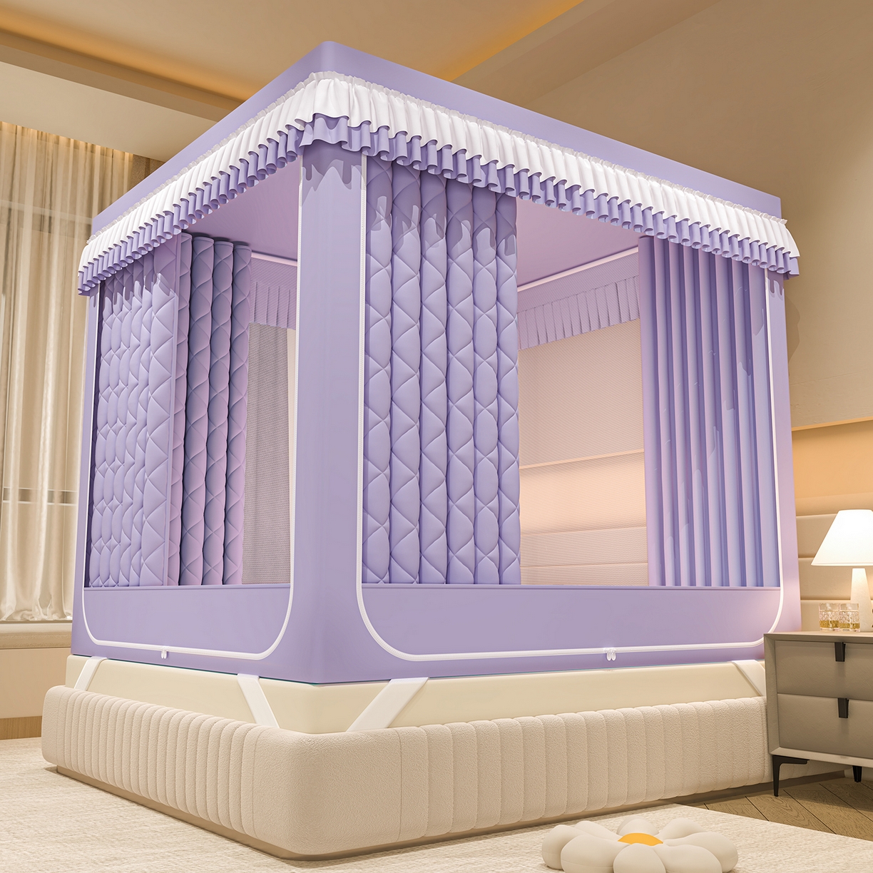 91家纺网 家纺一手货源 找家纺 浪幔纱蚊帐 2025新款纯色夹棉蚊帐 紫色