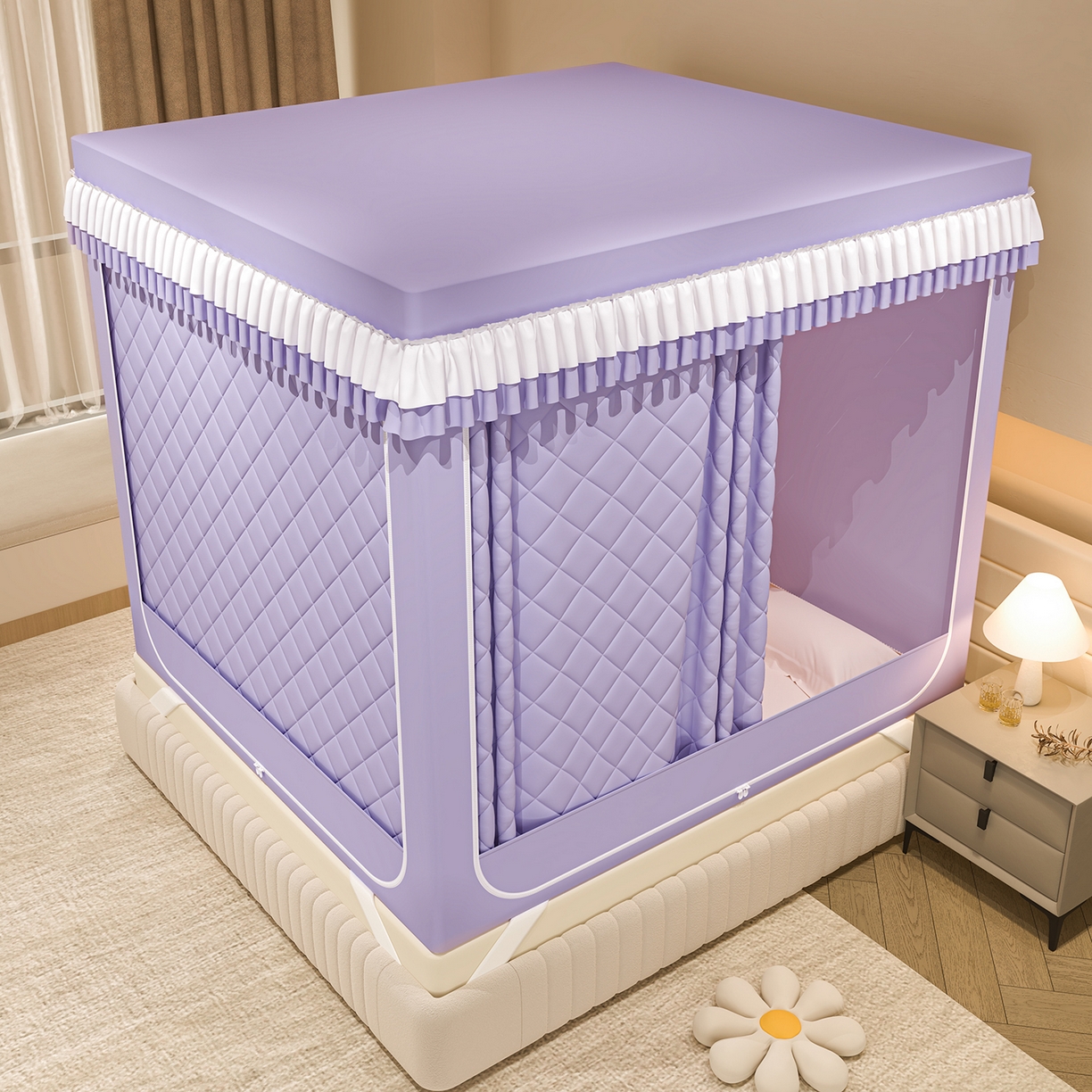 91家纺网 家纺一手货源 找家纺 浪幔纱蚊帐 2025新款纯色夹棉蚊帐 紫色