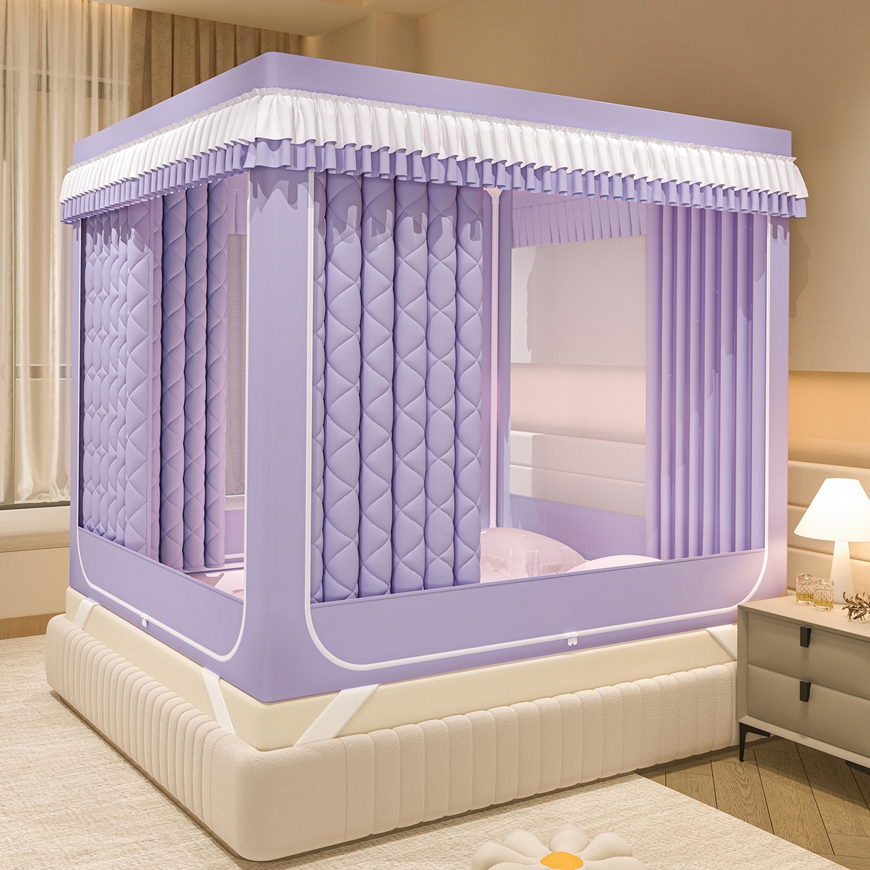 91家纺网 家纺一手货源 找家纺 浪幔纱蚊帐 2025新款纯色夹棉蚊帐 紫色