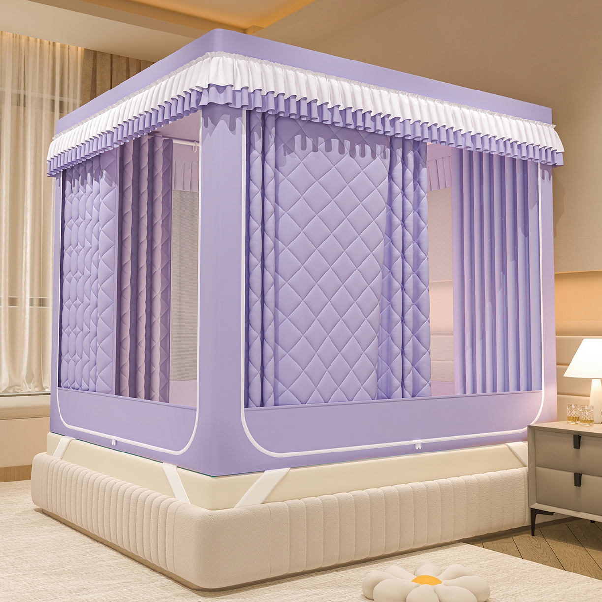 91家纺网 家纺一手货源 找家纺 浪幔纱蚊帐 2025新款纯色夹棉蚊帐 紫色