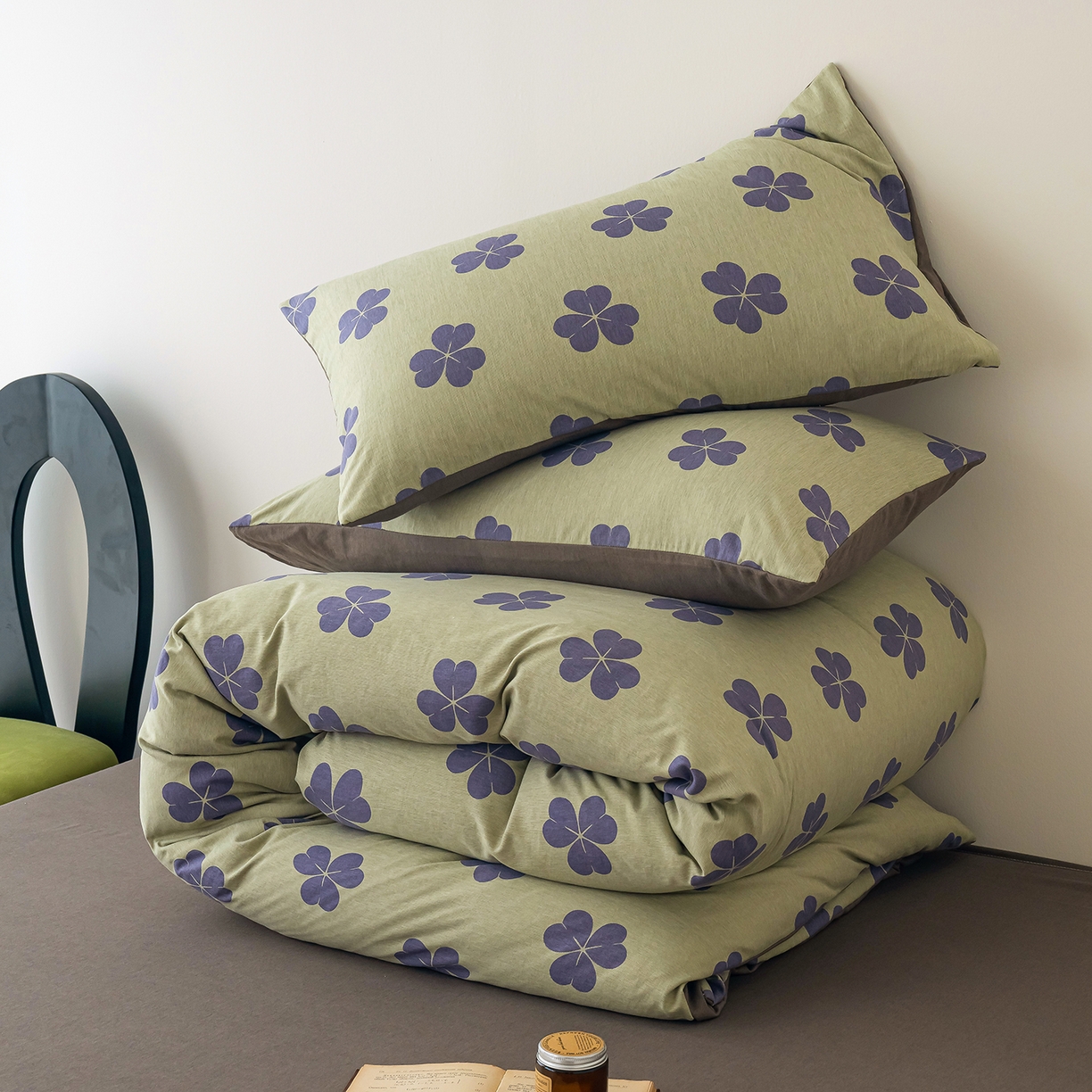 91家纺网 家纺一手货源 找家纺 竹合家纺 2025秋冬新款加厚磨毛色织暖绒系列针织四件套高克重 三叶草-绿