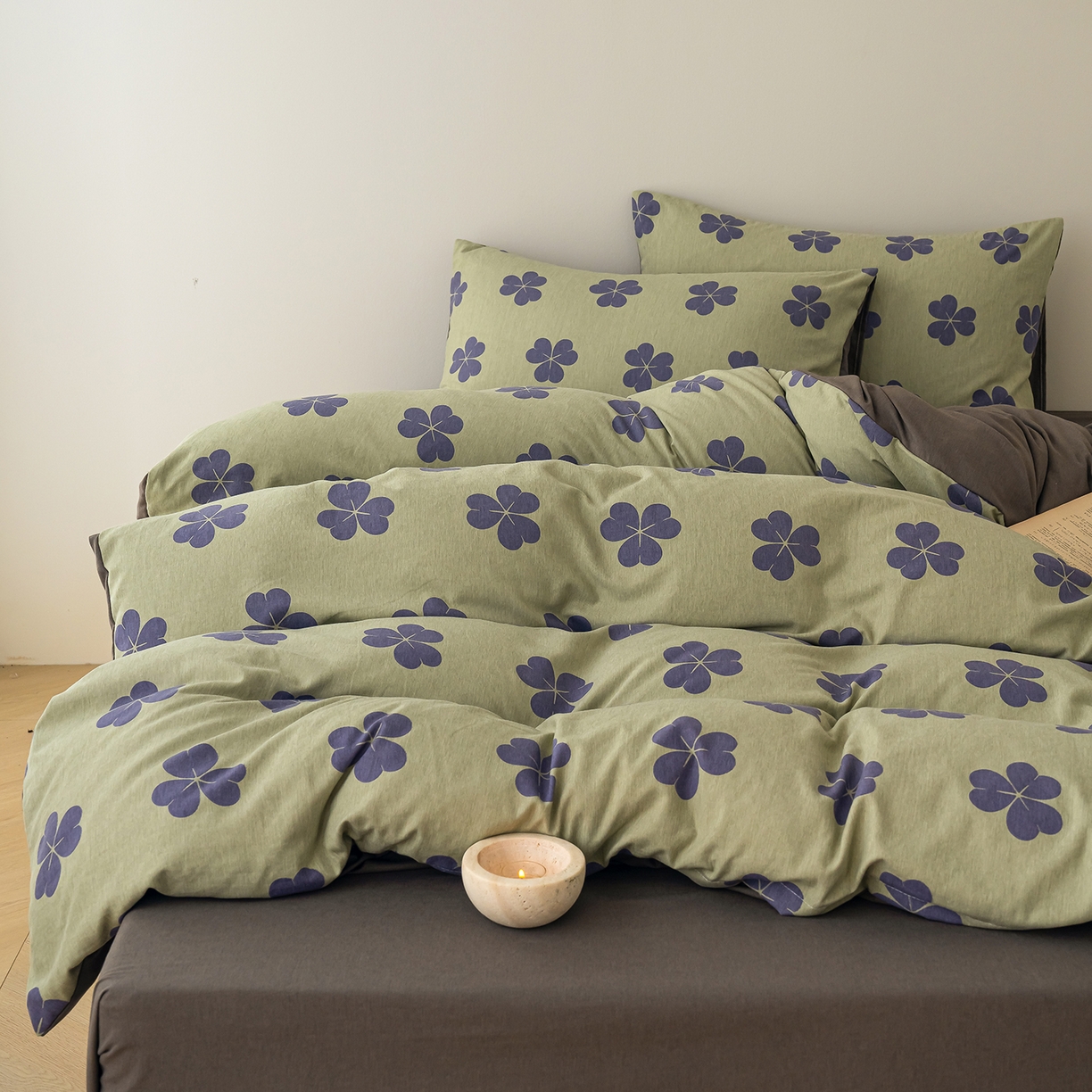 91家纺网 家纺一手货源 找家纺 竹合家纺 2025秋冬新款加厚磨毛色织暖绒系列针织四件套高克重 三叶草-绿