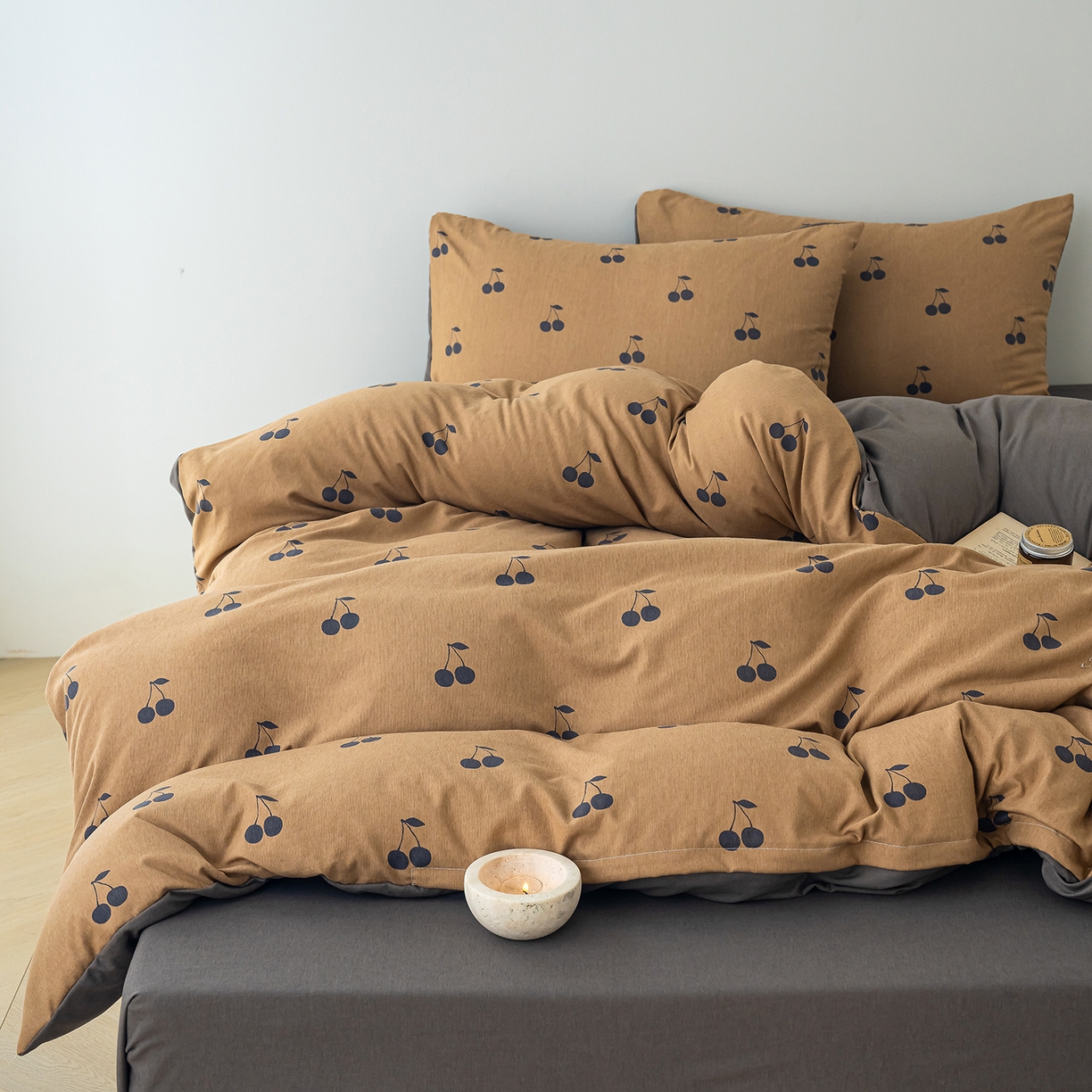 91家纺网 家纺一手货源 找家纺 竹合家纺 2025秋冬新款加厚磨毛色织暖绒系列针织四件套高克重 樱桃卡其