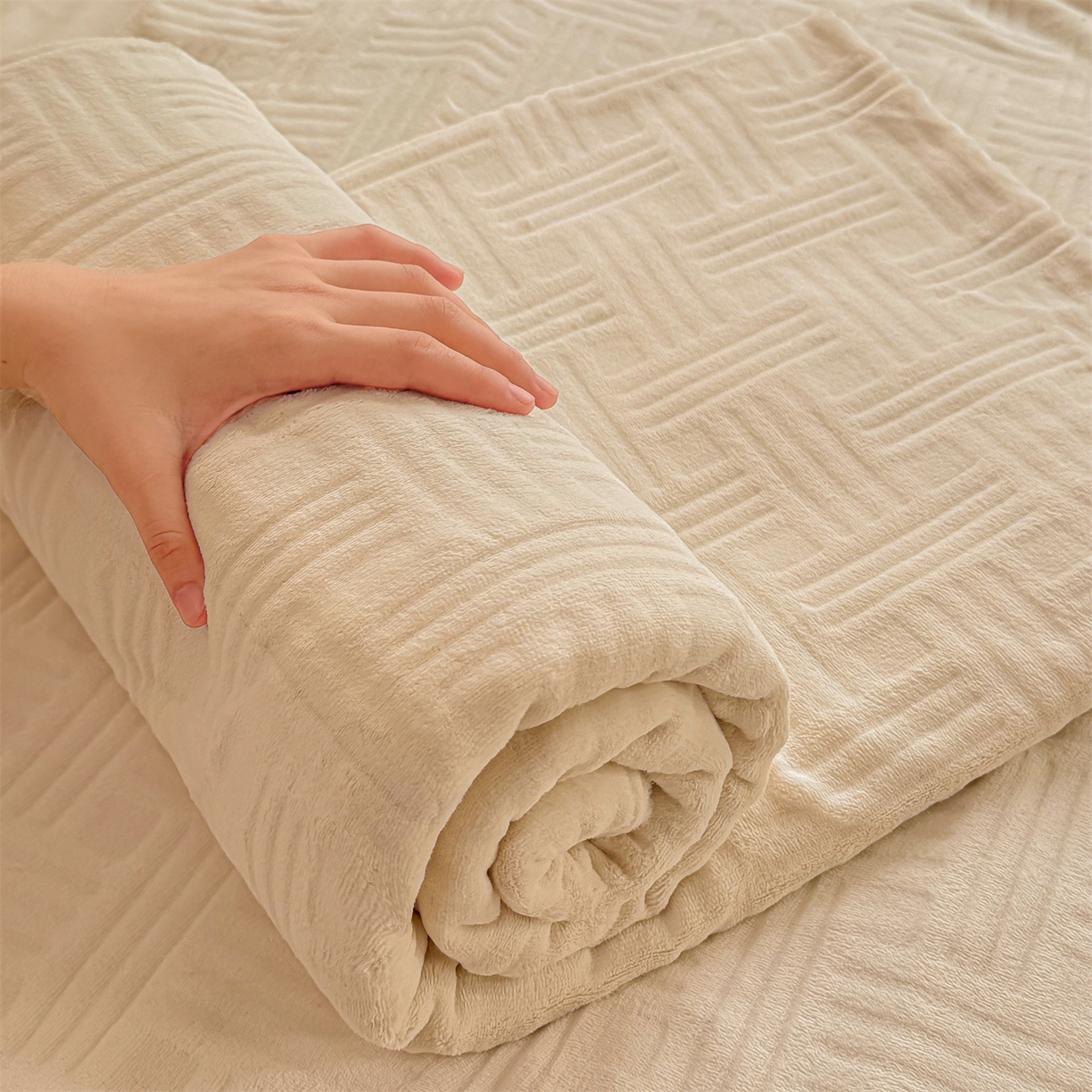 91家纺网 家纺一手货源 找家纺 灰鲸 2025新款纯色雕花牛奶绒床单单品床单床单单件 糖果格-奶昔白