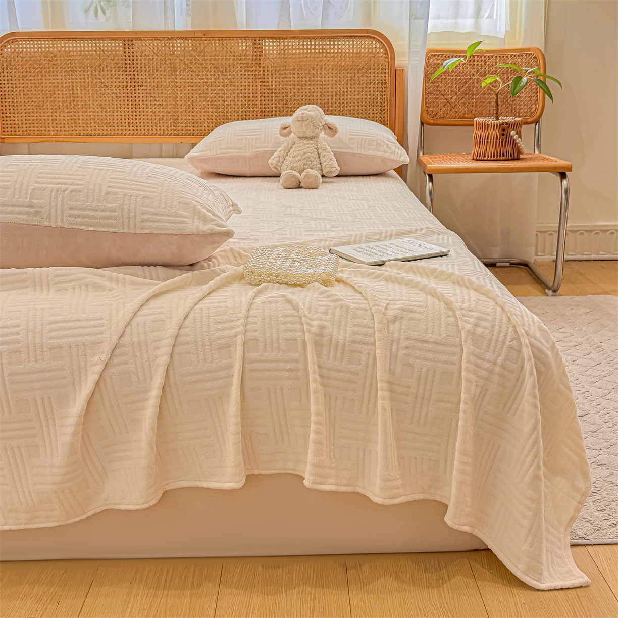 91家纺网 家纺一手货源 找家纺 灰鲸 2025新款纯色雕花牛奶绒床单单品床单床单单件 糖果格-奶昔白