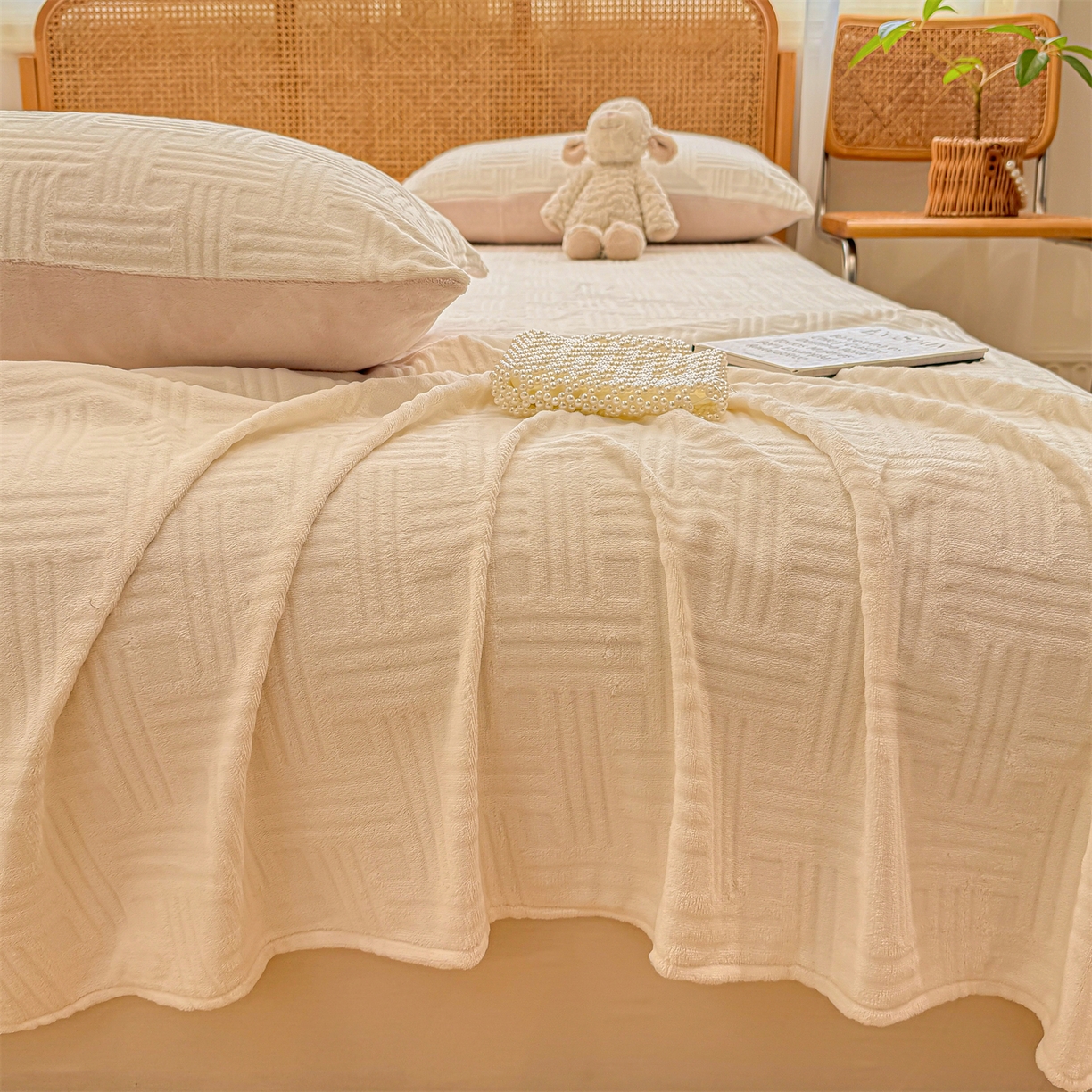 91家纺网 家纺一手货源 找家纺 灰鲸 2025新款纯色雕花牛奶绒床单单品床单床单单件 糖果格-奶昔白