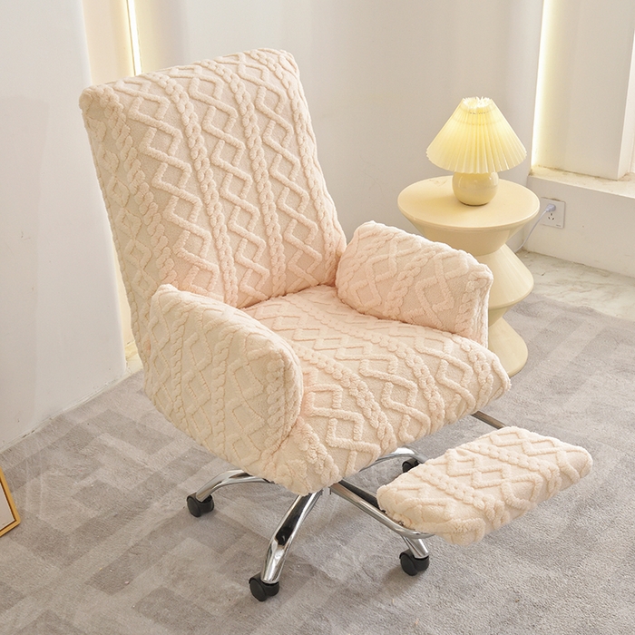 91家纺网 家纺一手货源 找家纺 启博家纺 2025新款简约提花保暖绒办公椅套 米白 小号