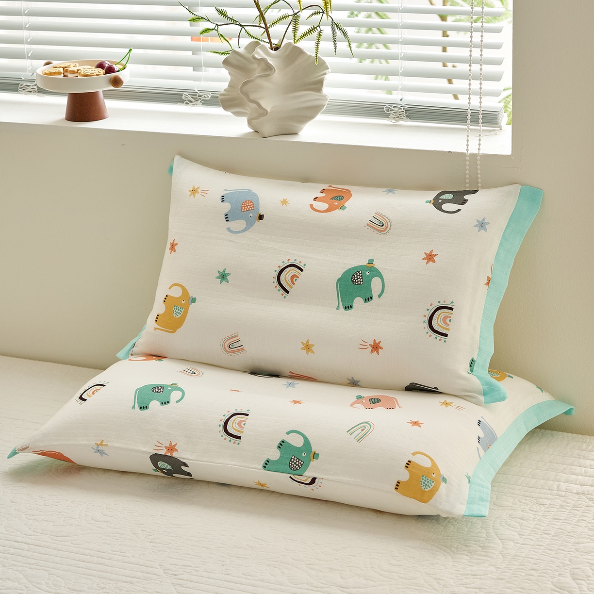 乐可 2025新款双层纱宽边儿童枕套 TK3礼帽小象白