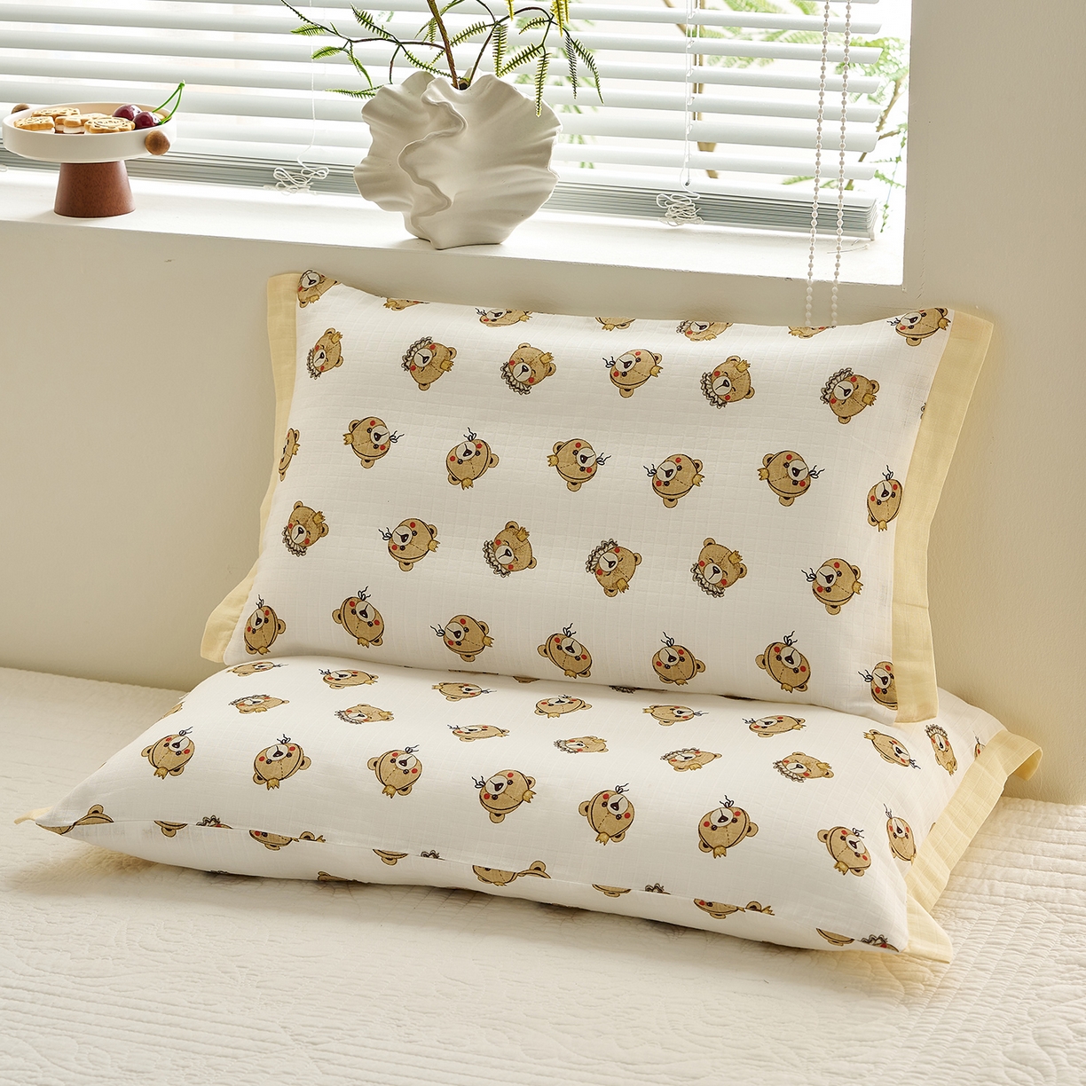 乐可 2025新款双层纱宽边儿童枕套 TK3小熊王子白