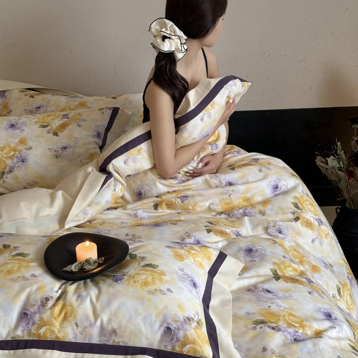 91家纺网 家纺一手货源 找家纺 多乐娜 2025新款100S长绒棉纯棉陶瓷磨毛法式油画风数码印花双拼角工艺款四件套 暮色暖阳