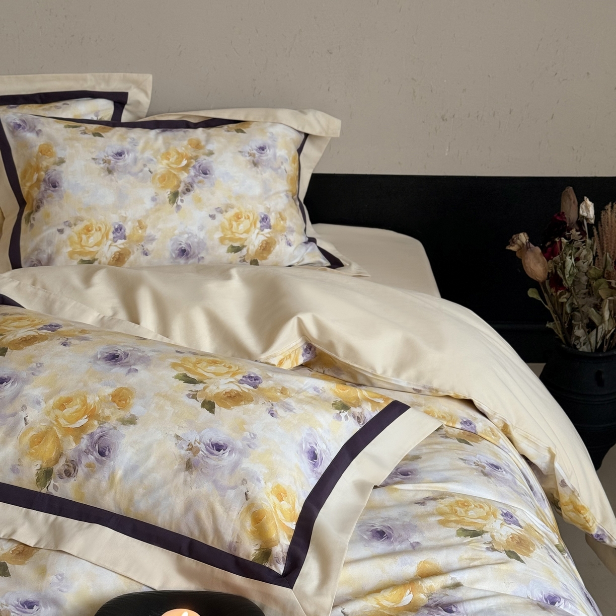 91家纺网 家纺一手货源 找家纺 多乐娜 2025新款100S长绒棉纯棉陶瓷磨毛法式油画风数码印花双拼角工艺款四件套 暮色暖阳