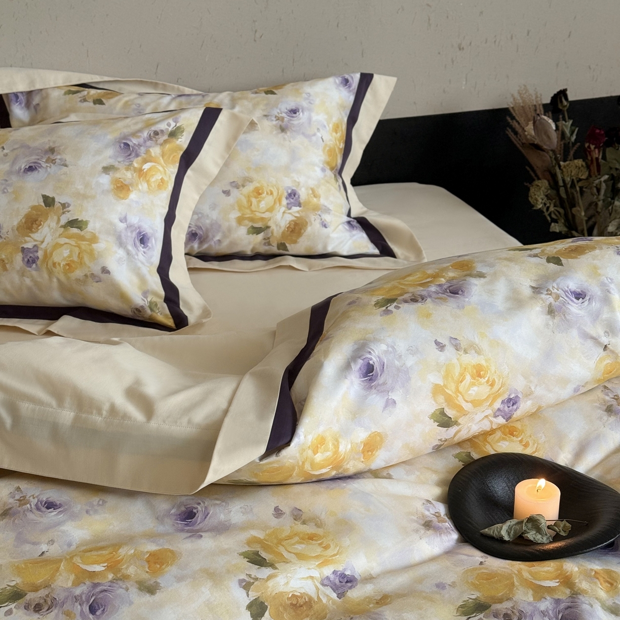 91家纺网 家纺一手货源 找家纺 多乐娜 2025新款100S长绒棉纯棉陶瓷磨毛法式油画风数码印花双拼角工艺款四件套 暮色暖阳