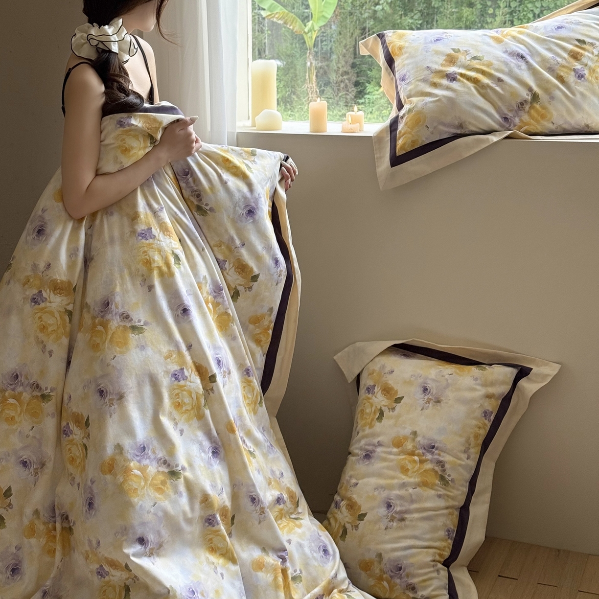 91家纺网 家纺一手货源 找家纺 多乐娜 2025新款100S长绒棉纯棉陶瓷磨毛法式油画风数码印花双拼角工艺款四件套 暮色暖阳