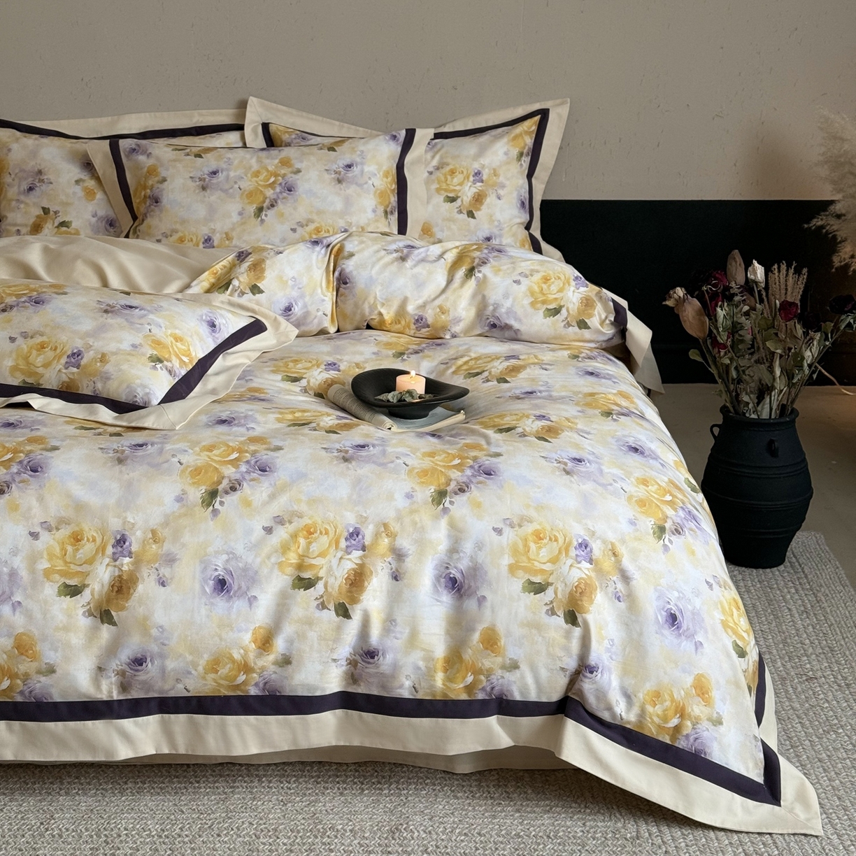 多乐娜 2025新款100S长绒棉纯棉陶瓷磨毛法式油画风数码印花双拼角工艺款四件套 暮色暖阳