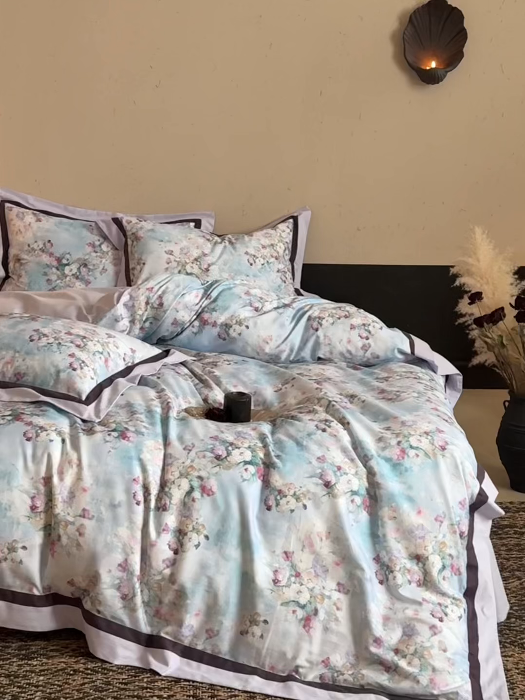 91家纺网 家纺一手货源 找家纺 （总）多乐娜 2025新款100S长绒棉纯棉陶瓷磨毛法式油画风数码印花双拼角工艺款四件套