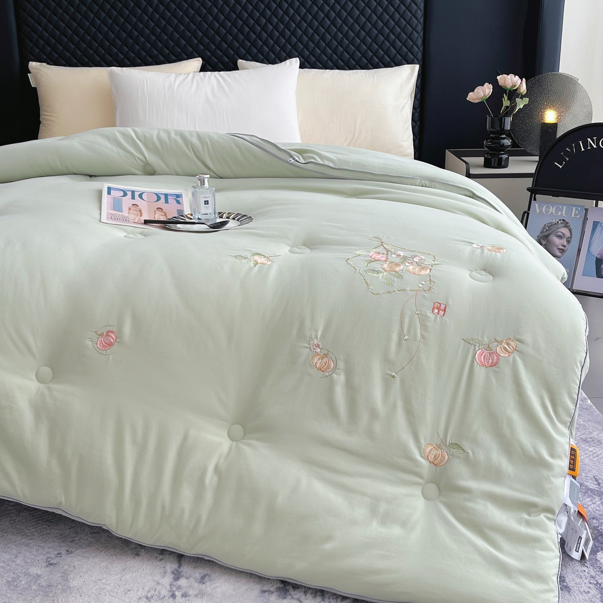 仲旺居家纺 2025新款云绒棉绣花冬被中式柿柿如意婚嫁立体边被子被芯四季被 竹青绿