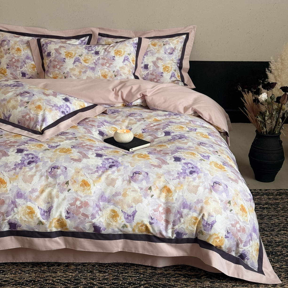 多乐娜 2025新款100S长绒棉纯棉陶瓷磨毛法式油画风数码印花双拼角工艺款四件套 柔情絮语