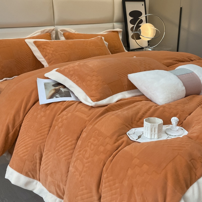 91家纺网 家纺一手货源 找家纺 艾佳 2025新款5D雕花牛奶绒拼角宽边工艺四件套-唯爱系列 唯爱-爱玛橙