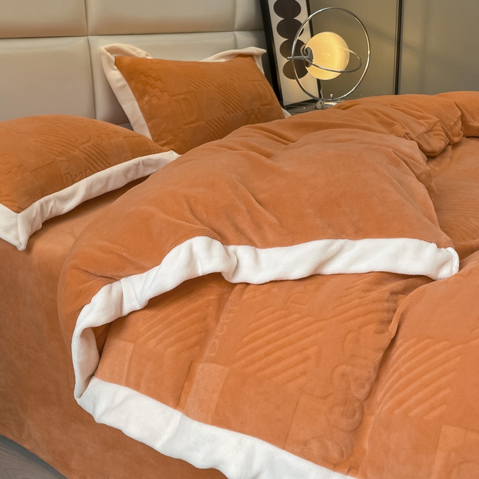 91家纺网 家纺一手货源 找家纺 艾佳 2025新款5D雕花牛奶绒拼角宽边工艺四件套-唯爱系列 唯爱-爱玛橙