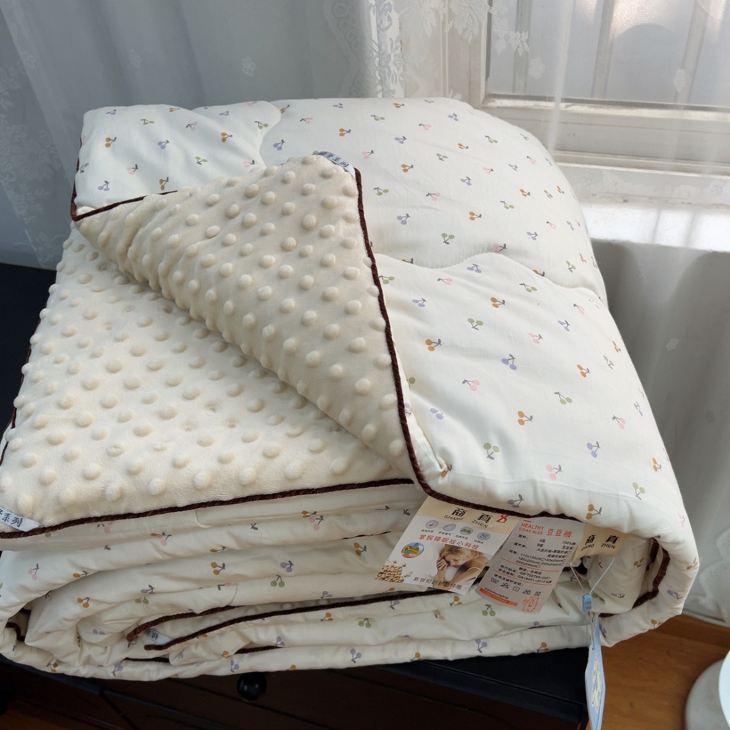 暖居 2025新款麻绳款嵌条纯棉春秋豆豆被被子被芯四季通用 彩色樱桃