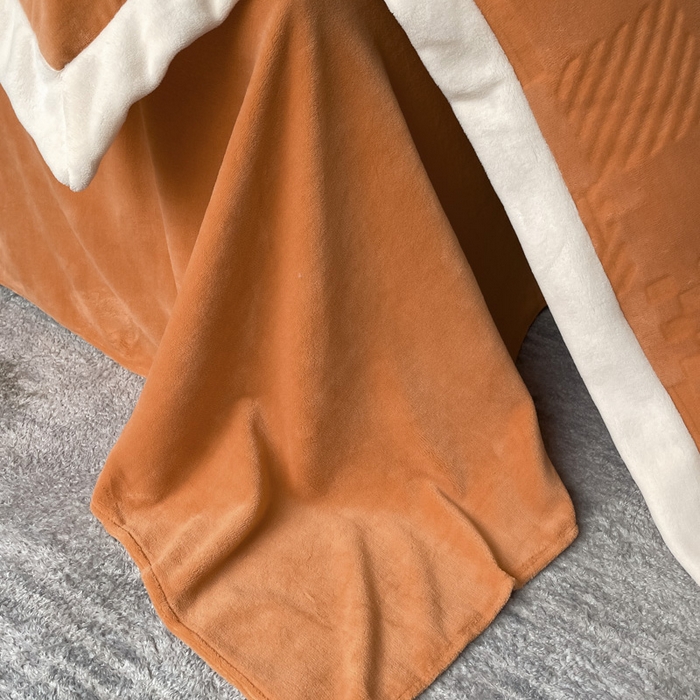 91家纺网 家纺一手货源 找家纺 艾佳 2025新款5D雕花牛奶绒拼角宽边工艺四件套-唯爱系列 唯爱-爱玛橙